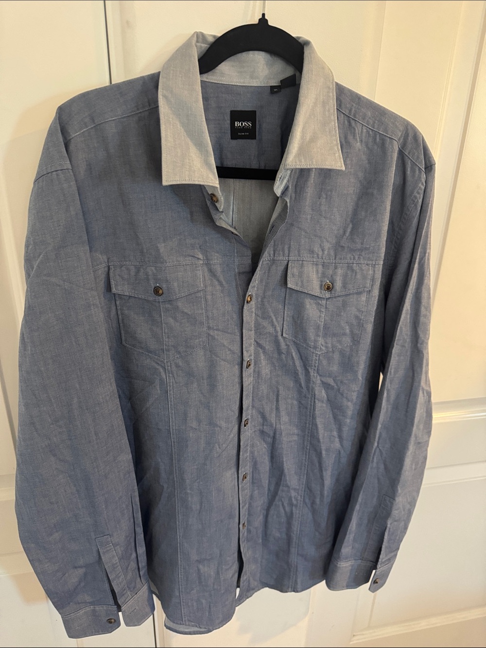 BOSS Light Blue Men's Shirt Jacket with Contrasting Pale Collar